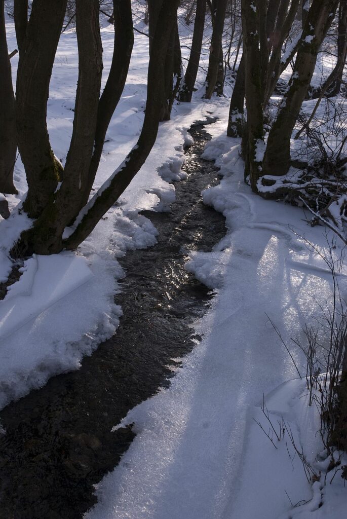 Sinn-Bild #088 Eis bricht auf | kleiner Bach umgeben von Schnee und Bäumen. (Bild von Adventuria® – Social Network & Tagebuch-Software, für digitales Journaling, innerhalb einer unterstützenden Gemeinschaft und psychologischer Unterstützung durch Podcasts)