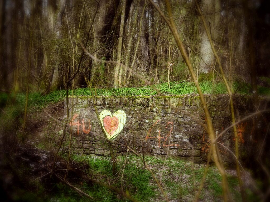 Sinn-Bild #229 4042 | Eine Wand im Wald, auf die jemand ein Herz gemalt hat. (Bild von Adventuria® – Soziales Netzwerk & Journaling-Community, einer Plattform für digitale Tagebücher, Digidiarys, Freundschaft und psychologische Hilfe durch Podcasts)